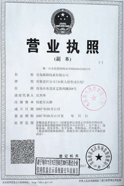 ประเทศจีน Qingdao Hainr Wiring Harness Co., Ltd. รับรอง